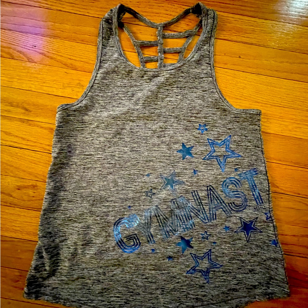 Justice gymnastics tank grey with blue lettering